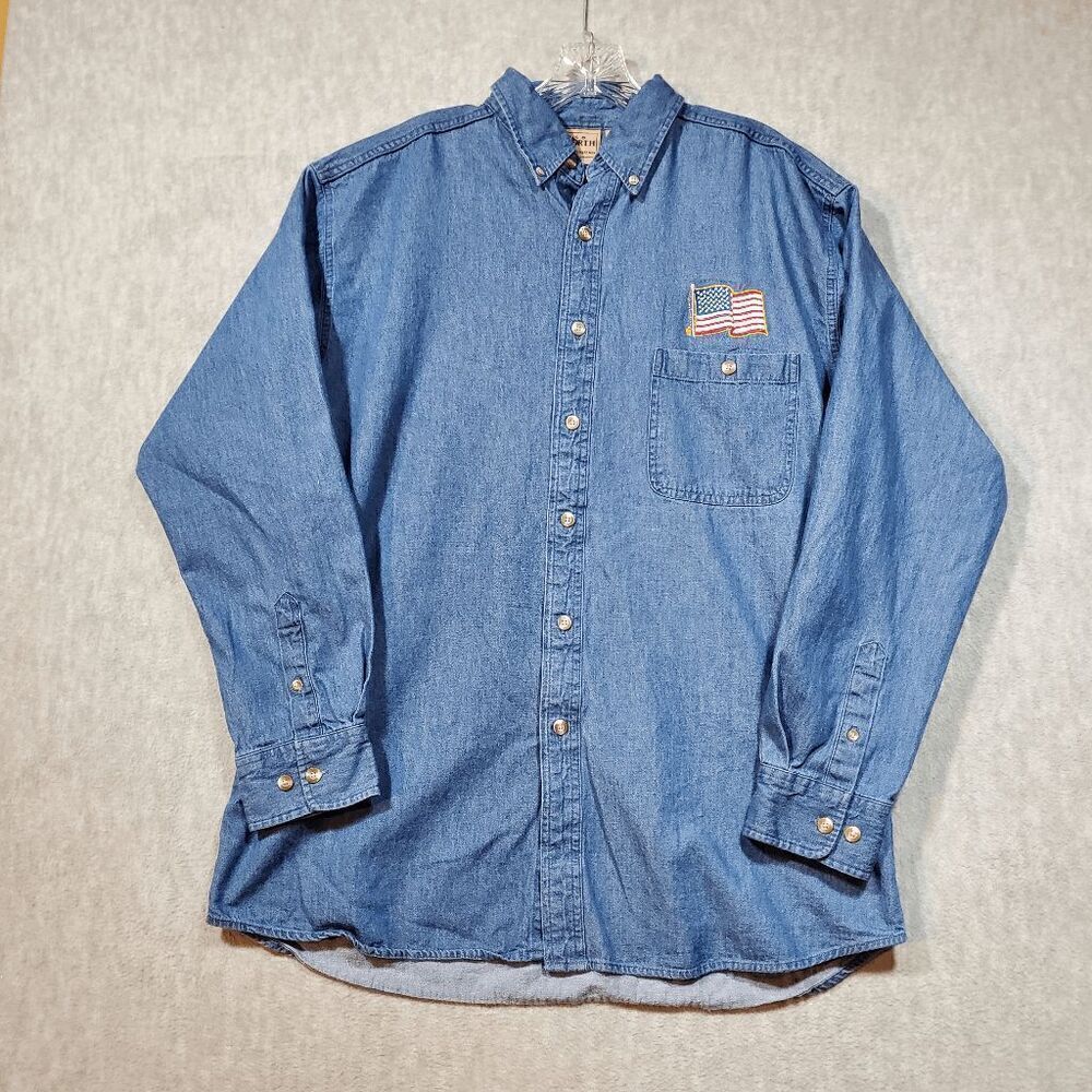 Vtg 1250 North Shirt Mens Large Blue Denim U.S. Army Amwrican Flag Button Down